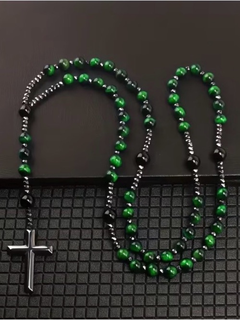 Unisex  Green and Black Beaded Cross Necklace